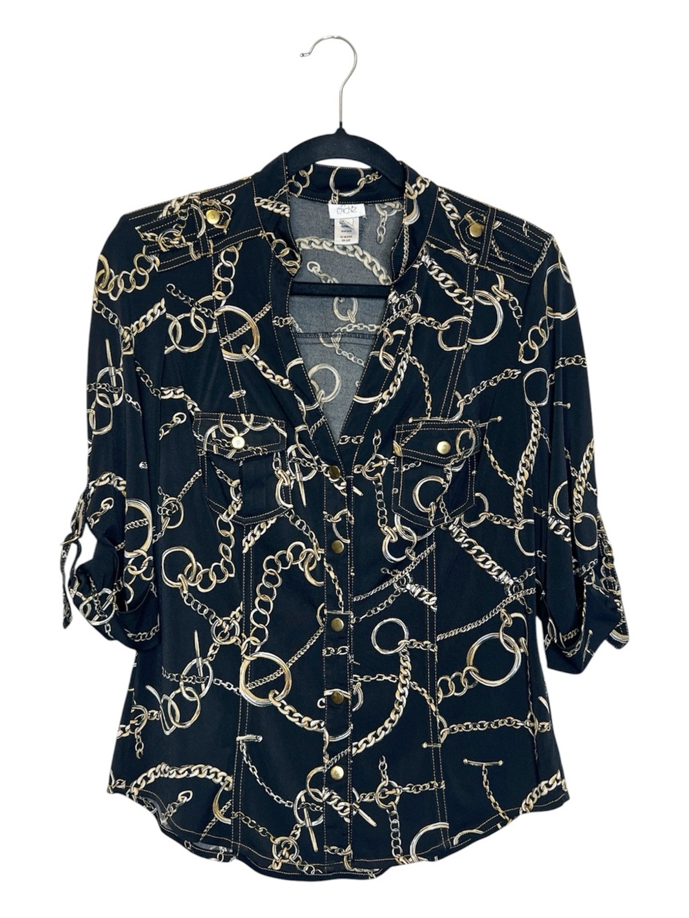 CACHE Chain Print Rolled Sleeve Snap Front Fitted Top size Medium